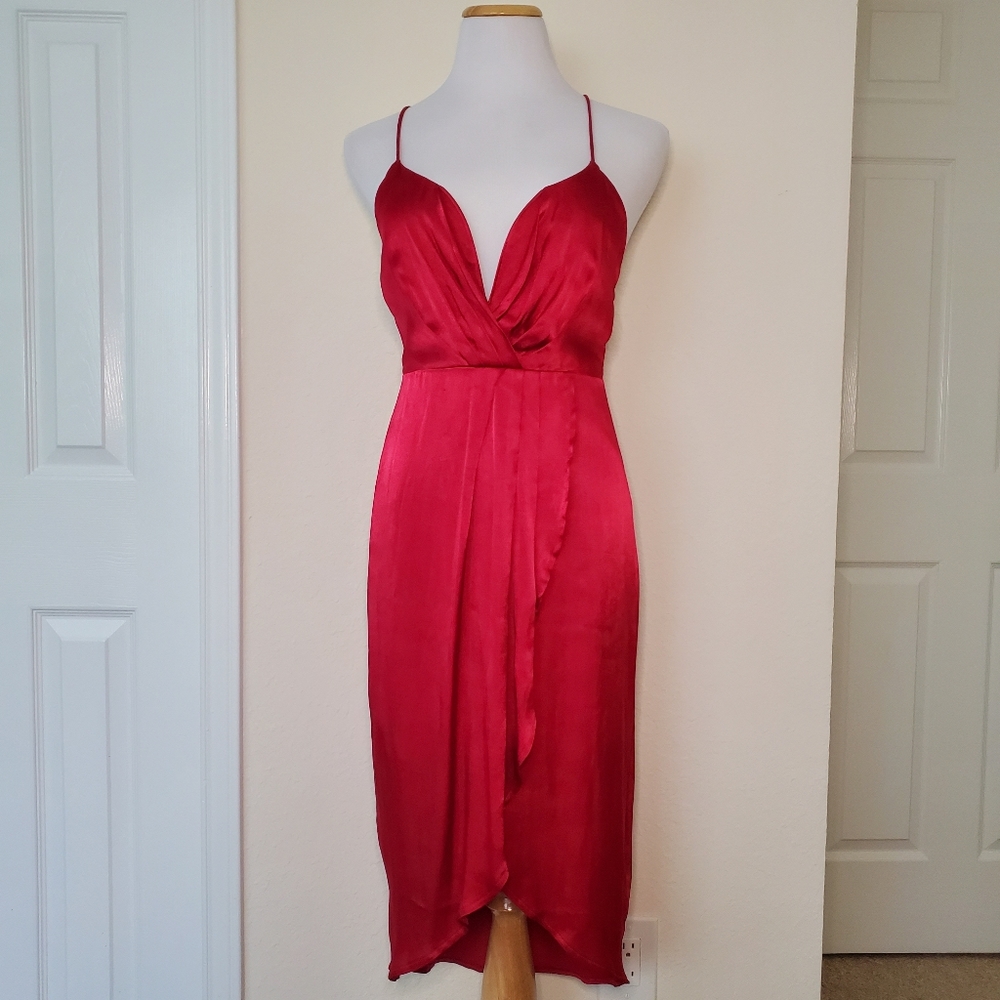 ASTR Berry Red satin midi dress Small NWT